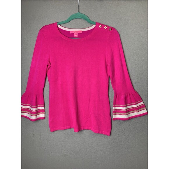 Lilly Pulitzer Sweater Women's Size Small Pink Callee Belle Cuff Gold Buttons - Picture 1 of 8